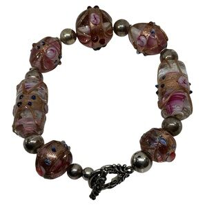 Vintage Venetian Murano Style Lampwork Glass Bead Bracelet Sterling Silver Clasp
